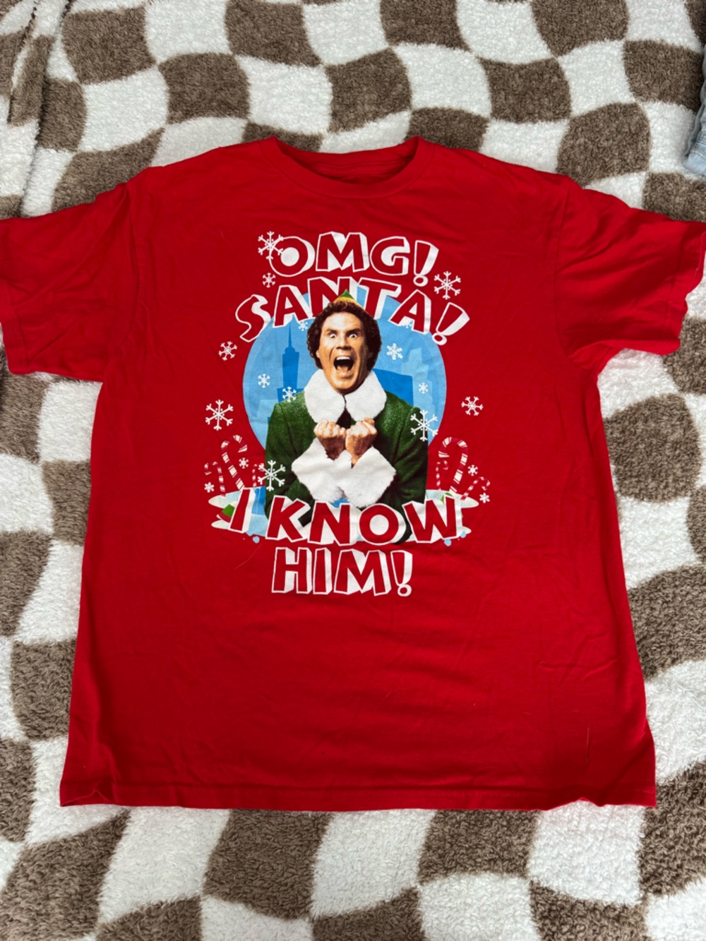ELF Red Graphic Tee "OMG Santa! I Know Him!" Women Medium